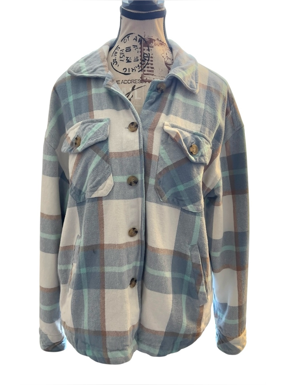 Aéropostale Womens Plaid Shacket Jacket M Blue Cream White Button Up Shirt Fall